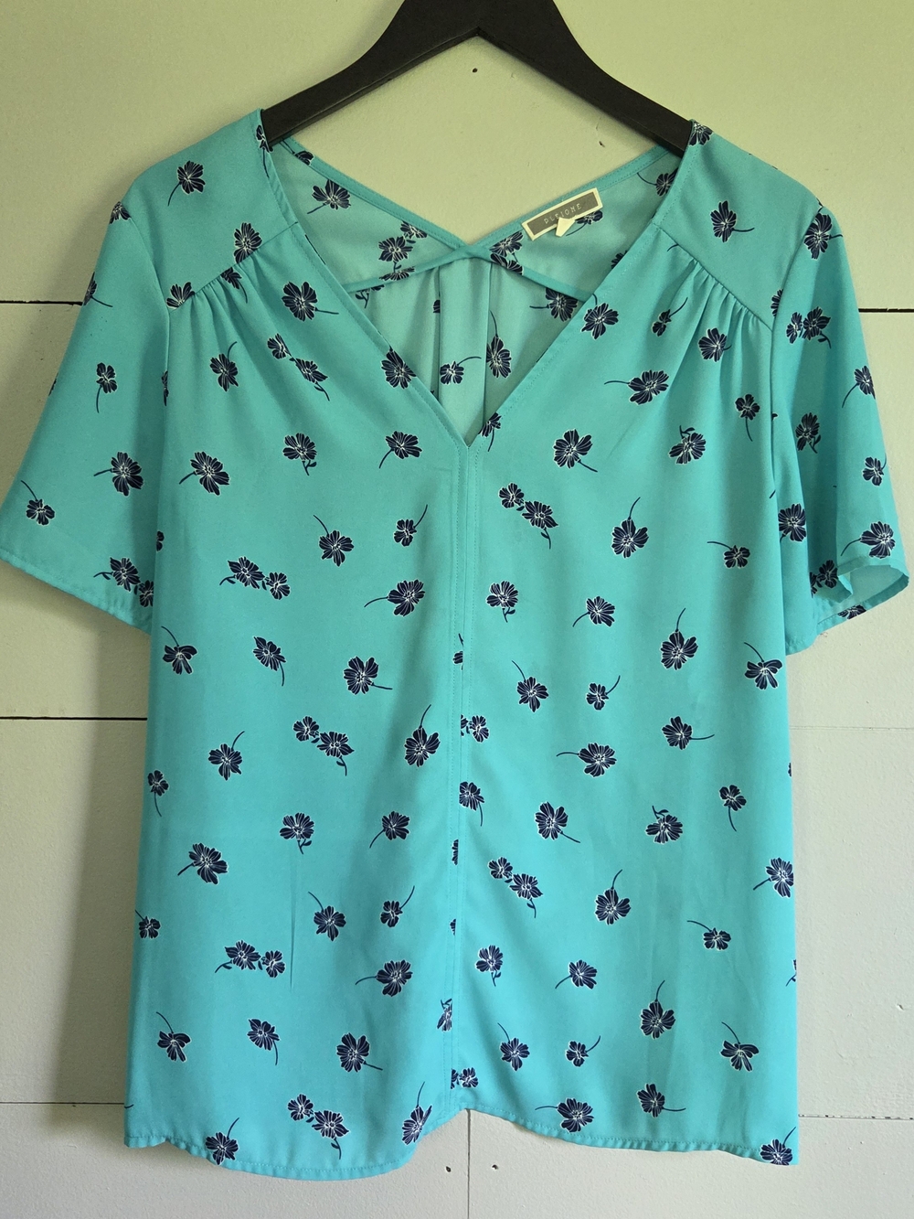 Pleione Turquoise Navy Floral Chiffon Short Sleeve V-Neck Blouse Women M